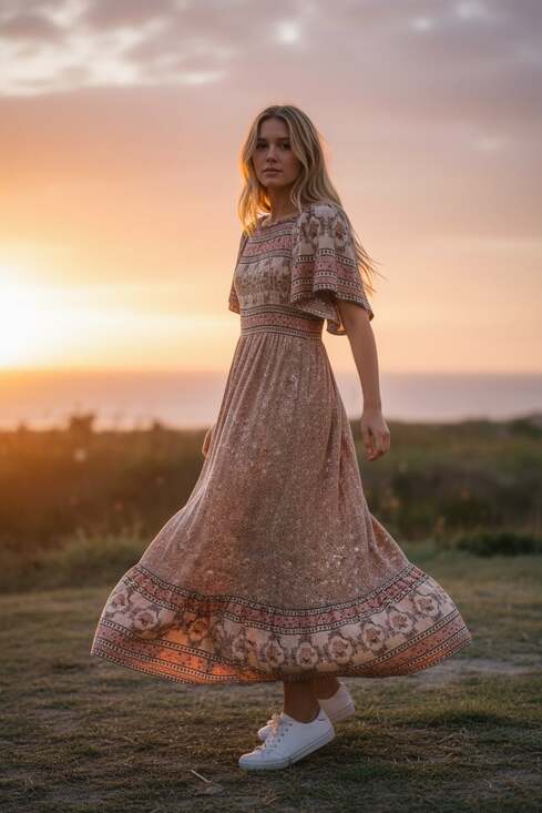 In Loom Dresses & Skirts - In Loom Border Print Flutter Sleeve Smocked Maxi Dress, Size Medium